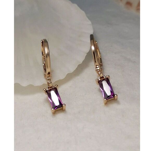 Emerald Cut Amethyst Purple Glass Drop Earrings Dangle Gold Pendant Delicate - Picture 3 of 6